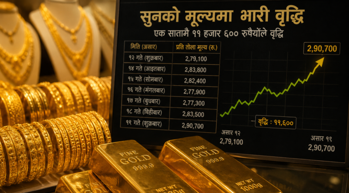 सुरक्षित लगानीतर्फ आकर्षण बढ्दा सुनको मूल्य एक सातामै ११ हजार ६०० रुपैयाँले महँगियो